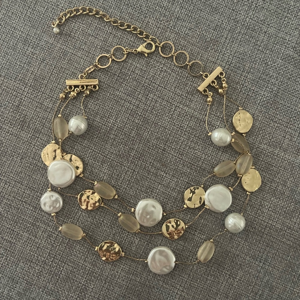 Multi-Strand Gold Tone Necklace with Pearl, Metal & Lucite Beads